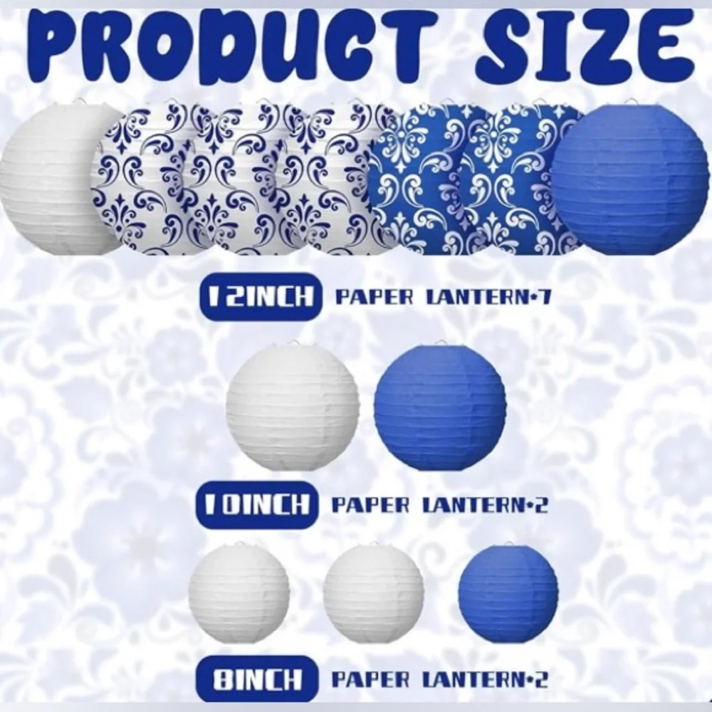Blue and White Patterned Paper Lantern Set